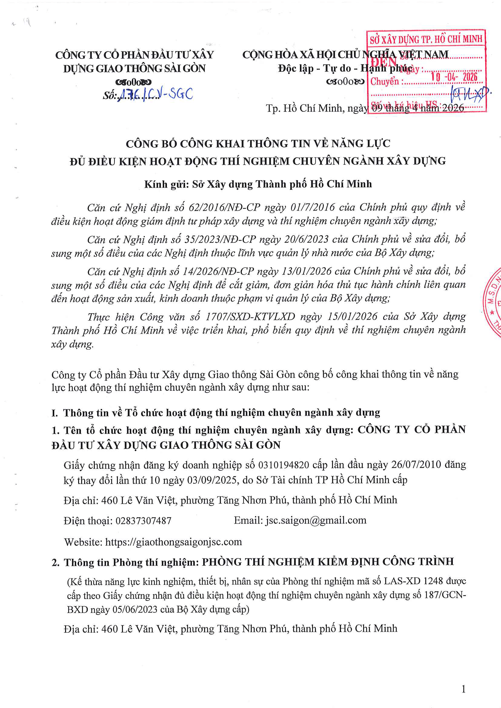 Phòng Thí nghiệm Công trình Công bố năng lực hoạt động thí nghiệm chuyên ngành xây dựng LAS-XD1248 1 176.CV SGC ngay 9.4.2026 Cong bo Las XD 1248 Page 01
